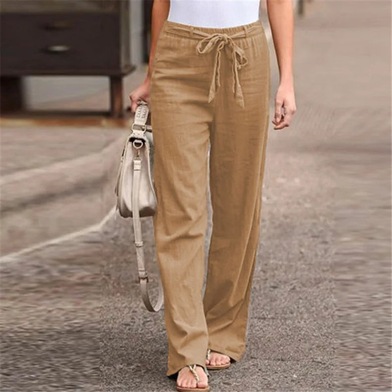 2023 Autumn Women's Summer Elastic Waist Pure Cotton Hemp Strap Loose Pants