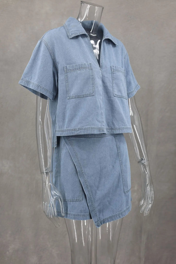 2024 Summer Women Blue Denim Skirt Suit Loose 2 Piece Set Short Sleeve with Pocket Shirt and Irregular Skirt Female Street Out