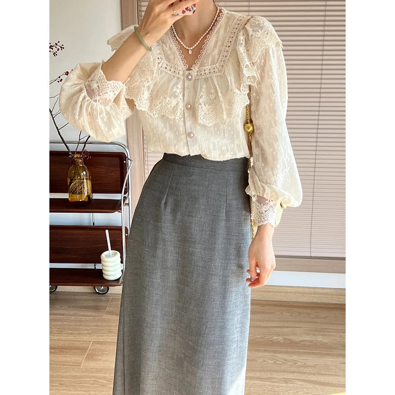 Vintage French Women Shirts Lace Lolita Elegant Long Sleeve Flounce Blouse High Quality Office Lady New Fashion Chic Female Tops