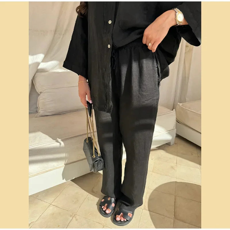 Women Vintage Solid Loose Pants Suit Lapel Single Breasted Long Sleeve Shirt Wide Leg Pants 2 Pcs Set 2024 New Ladies Streetwear