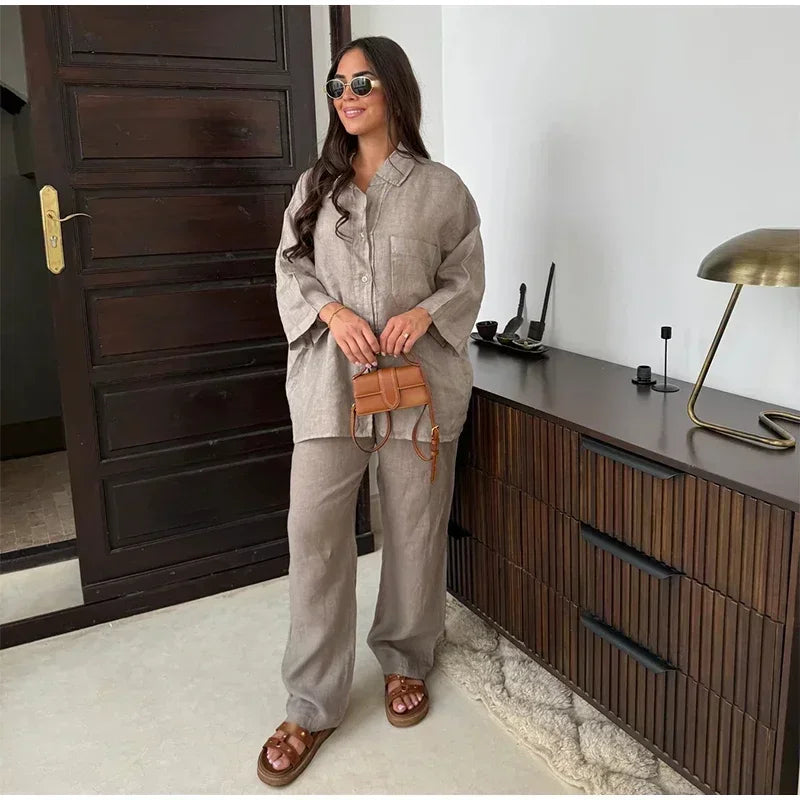 Women Vintage Solid Loose Pants Suit Lapel Single Breasted Long Sleeve Shirt Wide Leg Pants 2 Pcs Set 2024 New Ladies Streetwear