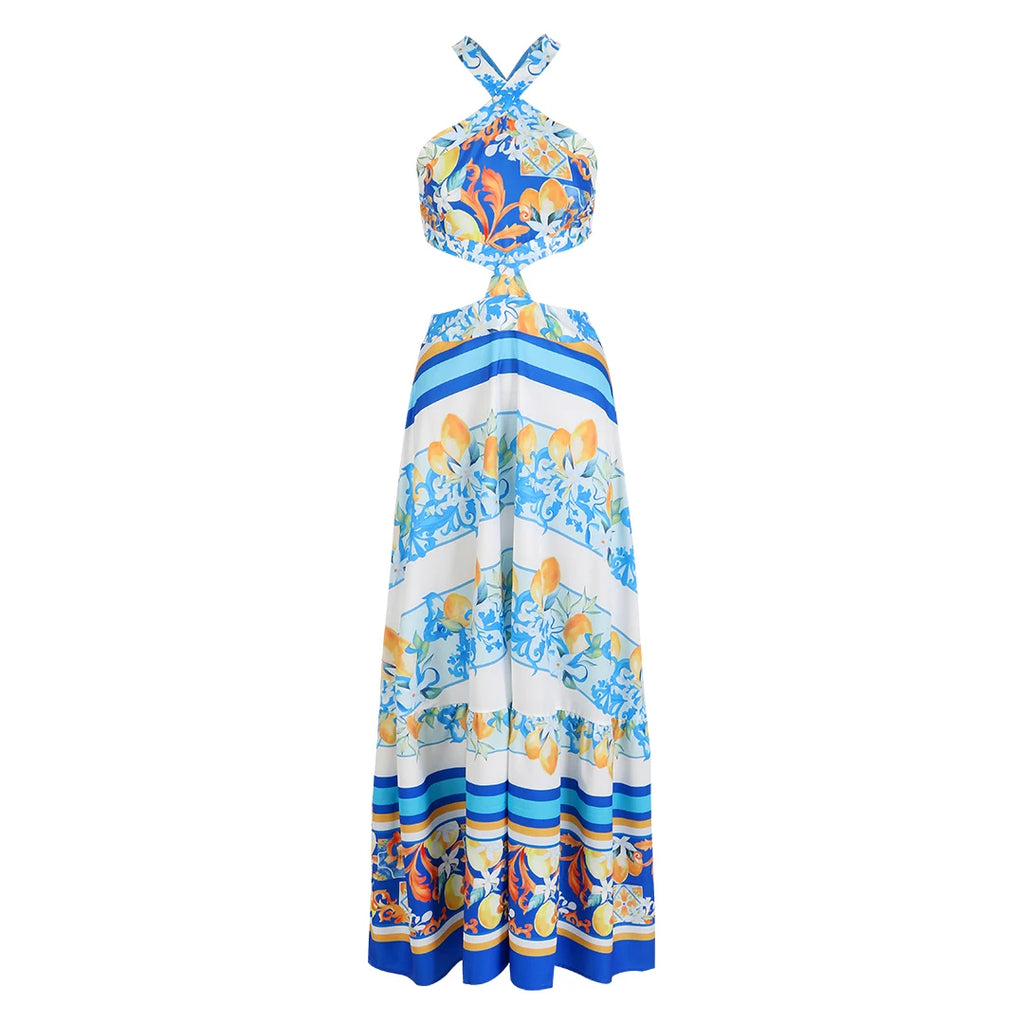 New Bohemian Sexy Printed Women Dresses Halter Sleeveless Backless Naked Waist Long Dress Fashion Summer Beach Holiday Robe