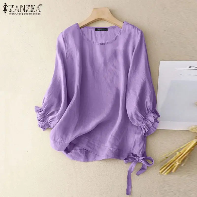 Summer Elegant Blouse ZANZEA Women Fashion Shirt Vintage O Neck 3/4 Sleeve Blusas Tops Causal Chemise Holiday Work Tops Femme