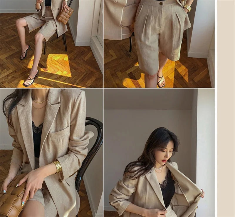 Flax Suit Women's Spring Summer 2023 New Casual Thin Cotton  Linen Small Blazers+shorts Two-piece Sets Comfortable Khaki Suits