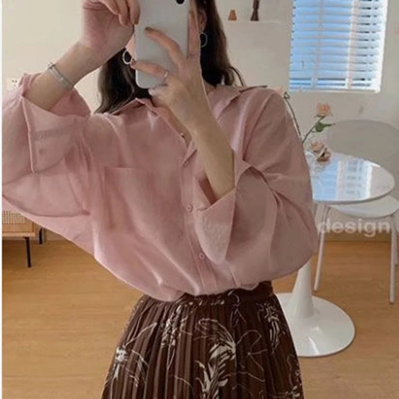 White Shirt Women Fashion Simple Preppy Style Summer Thin Top Casual All Match Korean Loose Long Sleeve Sunscreen Blouse New