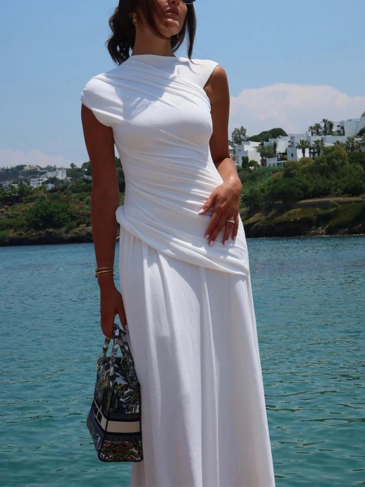 Elegant White Pleated Irregular Women Dress Fashion O Neck Sleeveless Bodycon Dresses 2024 Chic Summer Female High Street Robes