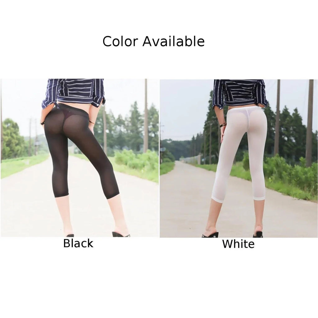 Sexy Women's Transparent Black White Cropped Pants Leggings High Elastic Ice Silk Leggings Trousers Female Clothing