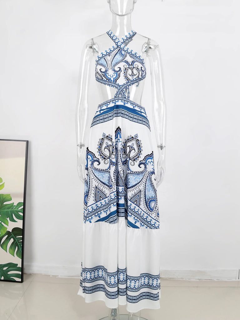 New Bohemian Sexy Printed Women Dresses Halter Sleeveless Backless Naked Waist Long Dress Fashion Summer Beach Holiday Robe