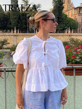 Load image into Gallery viewer, TRAFZA Fashion Solid Hollow Out Shirt Women Causal O Neck Short Sleeved Lace Up Tops Chic Female Casual Blouse Streetwear 2024