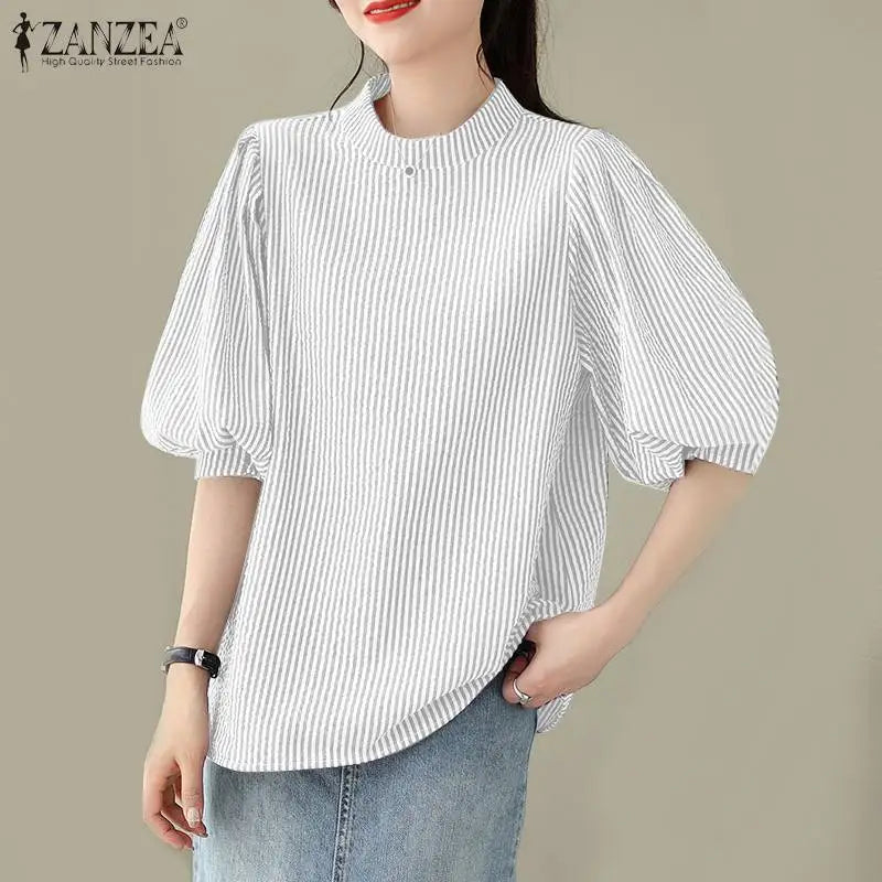 ZANZEA Women Summer Elegant Striped Shirt Fashion 3/4 Lantern Sleeve Blouse Office Work Tops Casual Female Loose Party Blusas