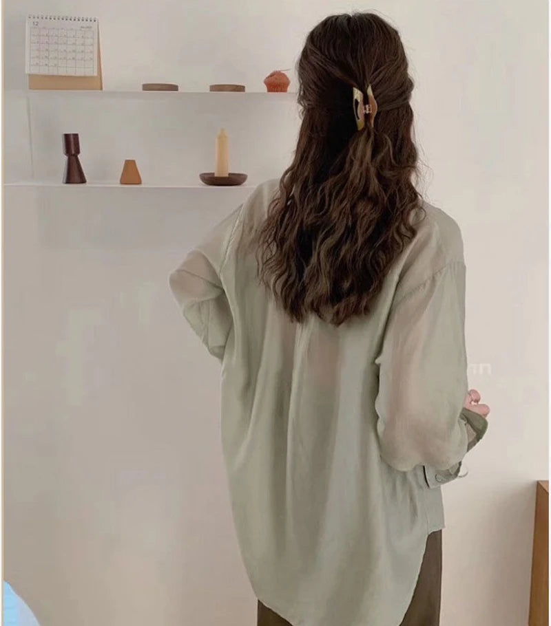 White Shirt Women Fashion Simple Preppy Style Summer Thin Top Casual All Match Korean Loose Long Sleeve Sunscreen Blouse New