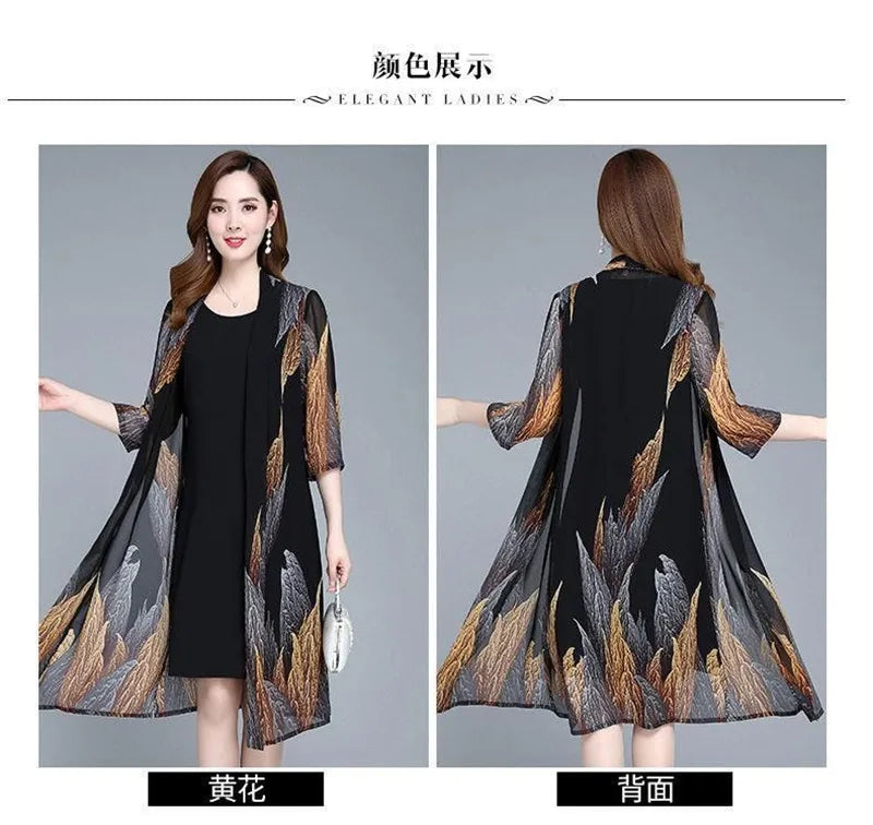 Women Chiffon Dress Set  Summer 2 Piece Set Fashion Sunscreen Cardigan Jacket Mother Elegant Lace Dress Suit Noble Femme 4XL