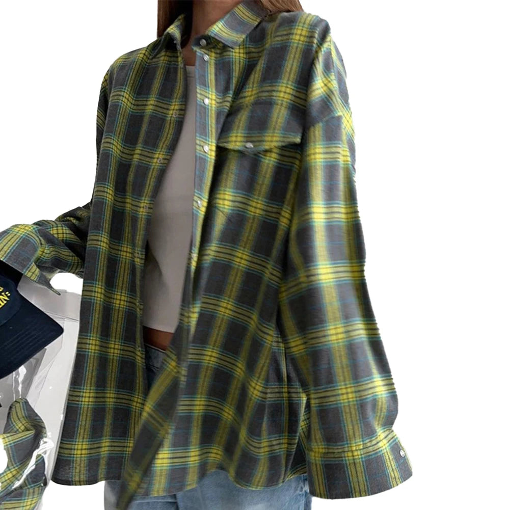 Oversized Plaid Shirt Women Vintage Autumn Jacket Tops Loose Blouse with Long Sleeve Check Pattern and Button Down