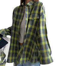 Load image into Gallery viewer, Oversized Plaid Shirt Women Vintage Autumn Jacket Tops Loose Blouse with Long Sleeve Check Pattern and Button Down