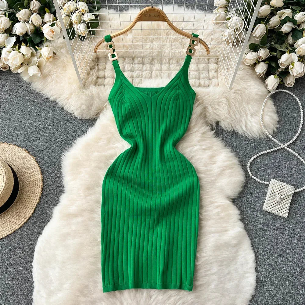 Knitted Summer Women Solid Dress 2024 Slim V Neck Elegant Sexy Vacation Fashion Ladies A Line Midi Dresses