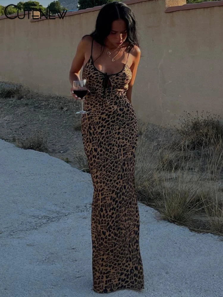 Cutenew Women's Leopard Printed Maxi Dress Elegant Spaghetti Strap Backless Lace-up Robe Skinny Retro Dresses Vestidos New 2023