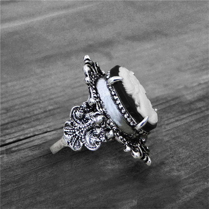 Vintage Leaf Lady Queen Cameo Rings For Women Antique Silver Plated Flower Cross Pink Cameo Ring Fashion Jewelry