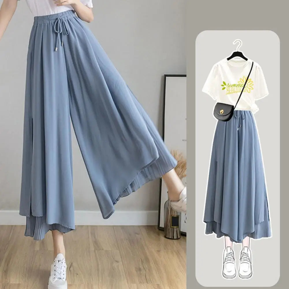 Women Pants Culottes Elastic Wide Leg Irregular Hem Double Layers Korean Trousers Summer Casual Loose Pleated Pants