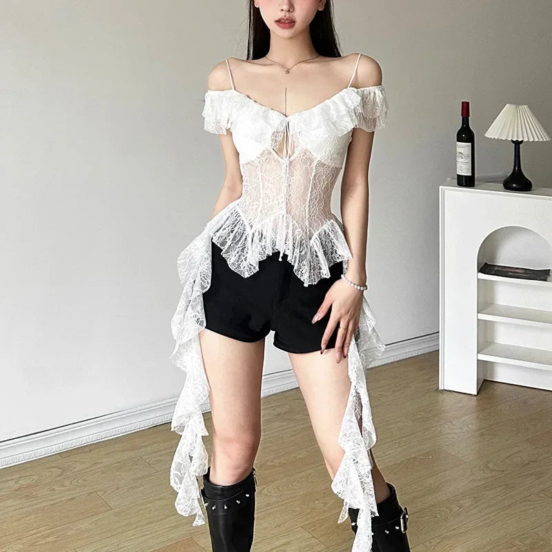 White Lace T Shirt Streetwear See Through Shirt Bandage Tees 2000s Vintage Y2k Aesthetic Irregular Y2k Crop Top Harajuku Summer