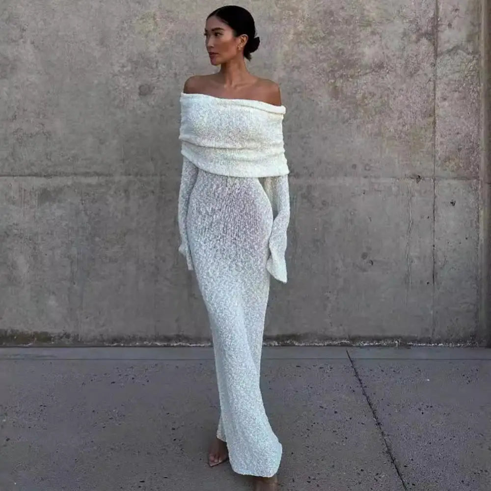 Sexy Knit Long Dress Elegant Women White Off Shoulder Bodycon Hollow Out Crochet Sundress Wedding Guest Dresses Beach Outfits