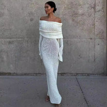 Load image into Gallery viewer, Sexy Knit Long Dress Elegant Women White Off Shoulder Bodycon Hollow Out Crochet Sundress Wedding Guest Dresses Beach Outfits