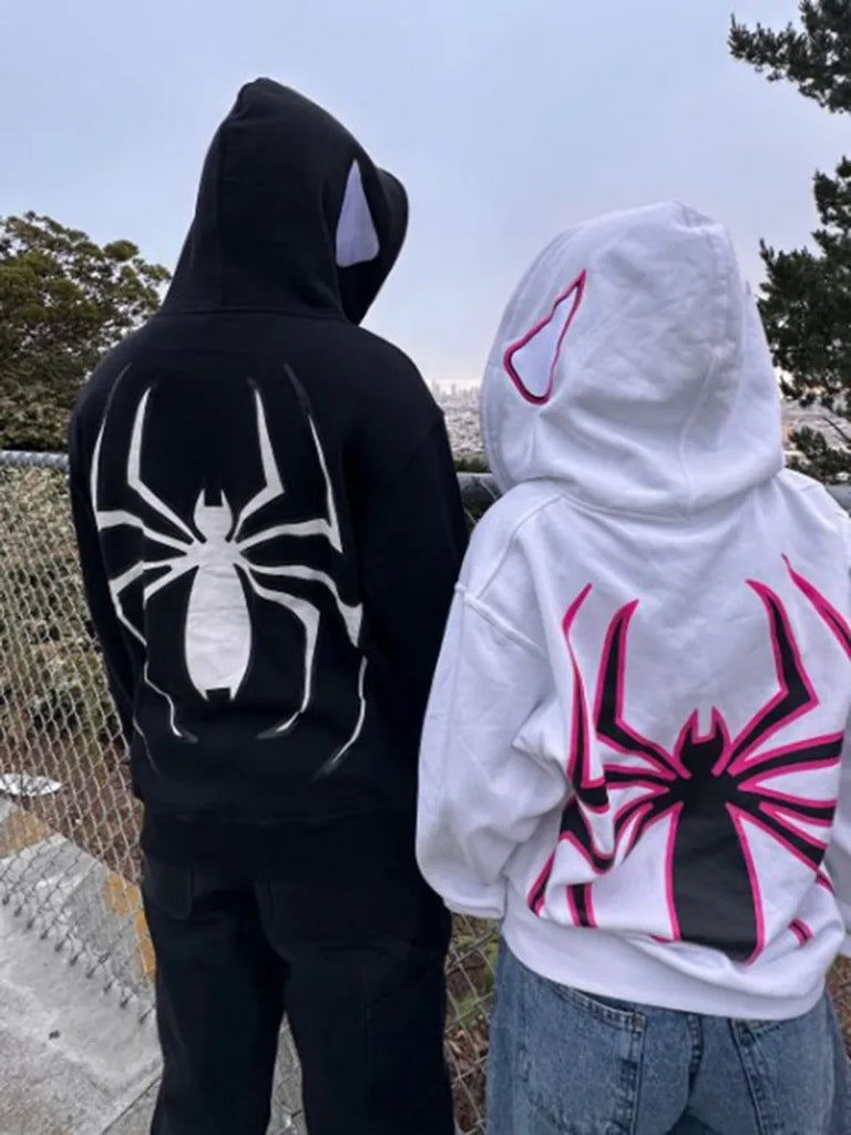 Embroideried Spider Full Zip Up Hoodies Women Men Long Sleeve Loose Jacket Hood Shirt Harajuku Hip Hop Streetwear Y2K Sweatshirt