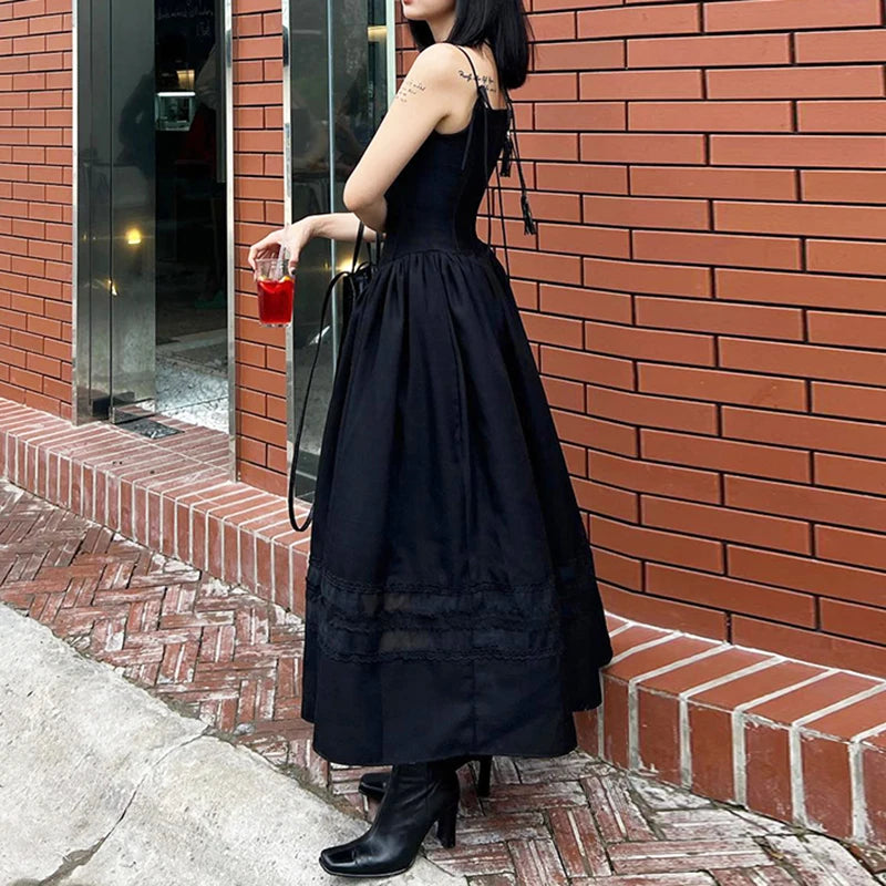 Black Lace Pleated Dress Trim A-Line Spaghetti Strap Backless Vintage Punk Long Dress Women Night Prom Korean Gothic Sundress