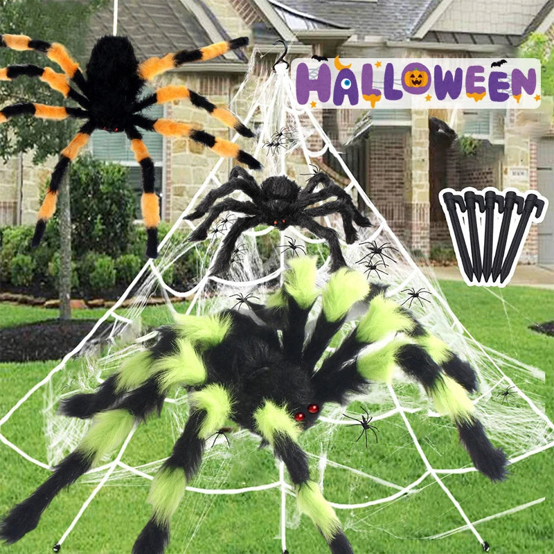 150/200cm Black Scary Giant Spider Huge Spider Web Halloween Decoration Props Haunted House Holiday Outdoor Giant Decoration