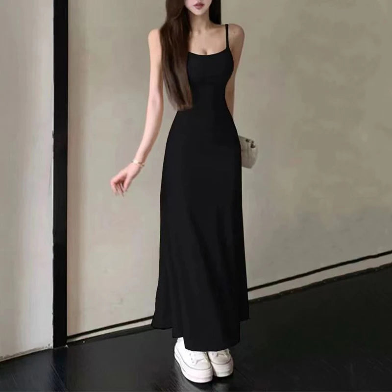 Spaghetti Strap Dresses Women Retro Sexy Slim Simple Daily Streetwear Ulzzang Midi Trendy Pure Vestidos Summer Ladies Sleeveless