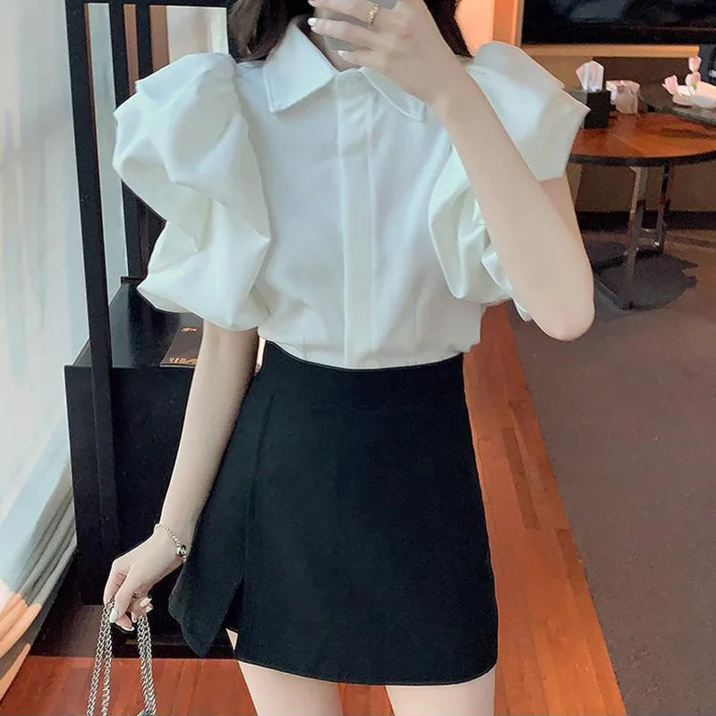 Korean Vintage Puff Sleeve Women Summer Chic Black Fashion Blouse Design Office Lady Tops Harajuku Casual White Tops