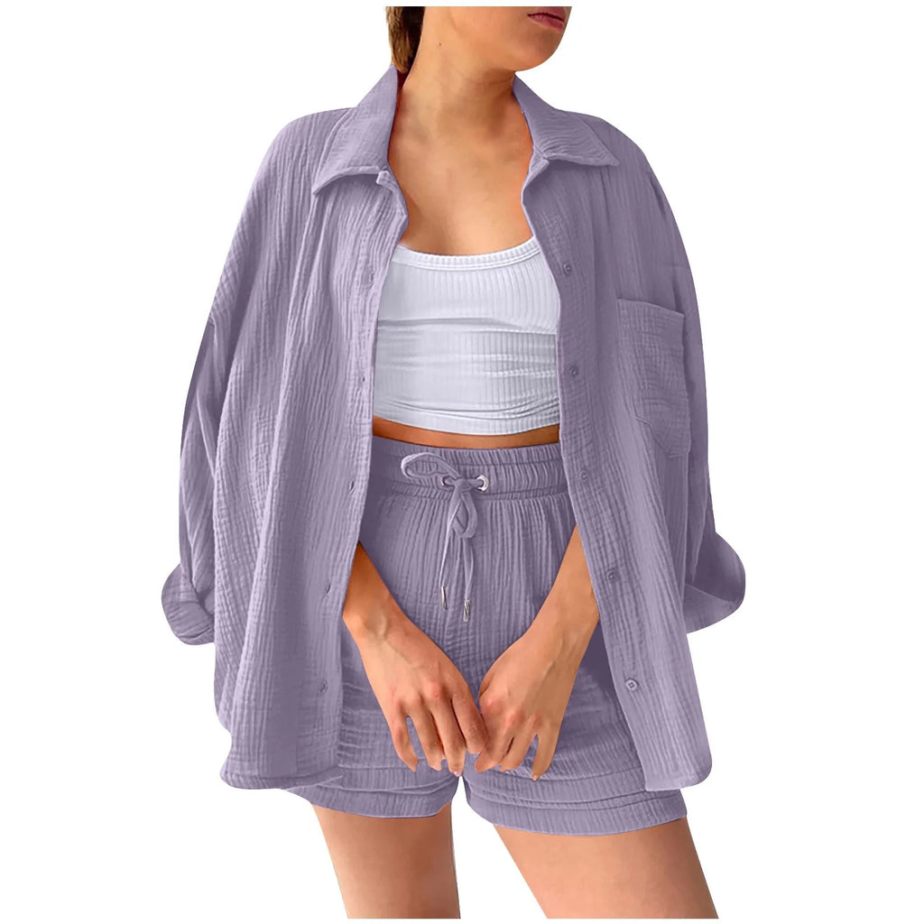 Two Piece Women's Summer Muslin Blouse Shirt And Shorts Clothes Two Piece Set Beach Outfit Set Two Piece Set Women