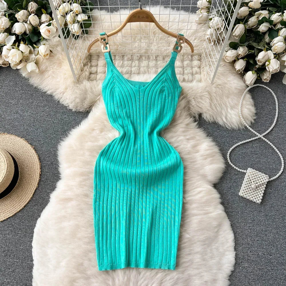 Knitted Summer Women Solid Dress 2024 Slim V Neck Elegant Sexy Vacation Fashion Ladies A Line Midi Dresses