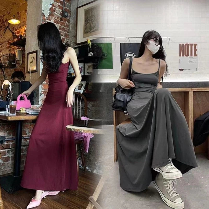 Spaghetti Strap Dresses Women Retro Sexy Slim Simple Daily Streetwear Ulzzang Midi Trendy Pure Vestidos Summer Ladies Sleeveless