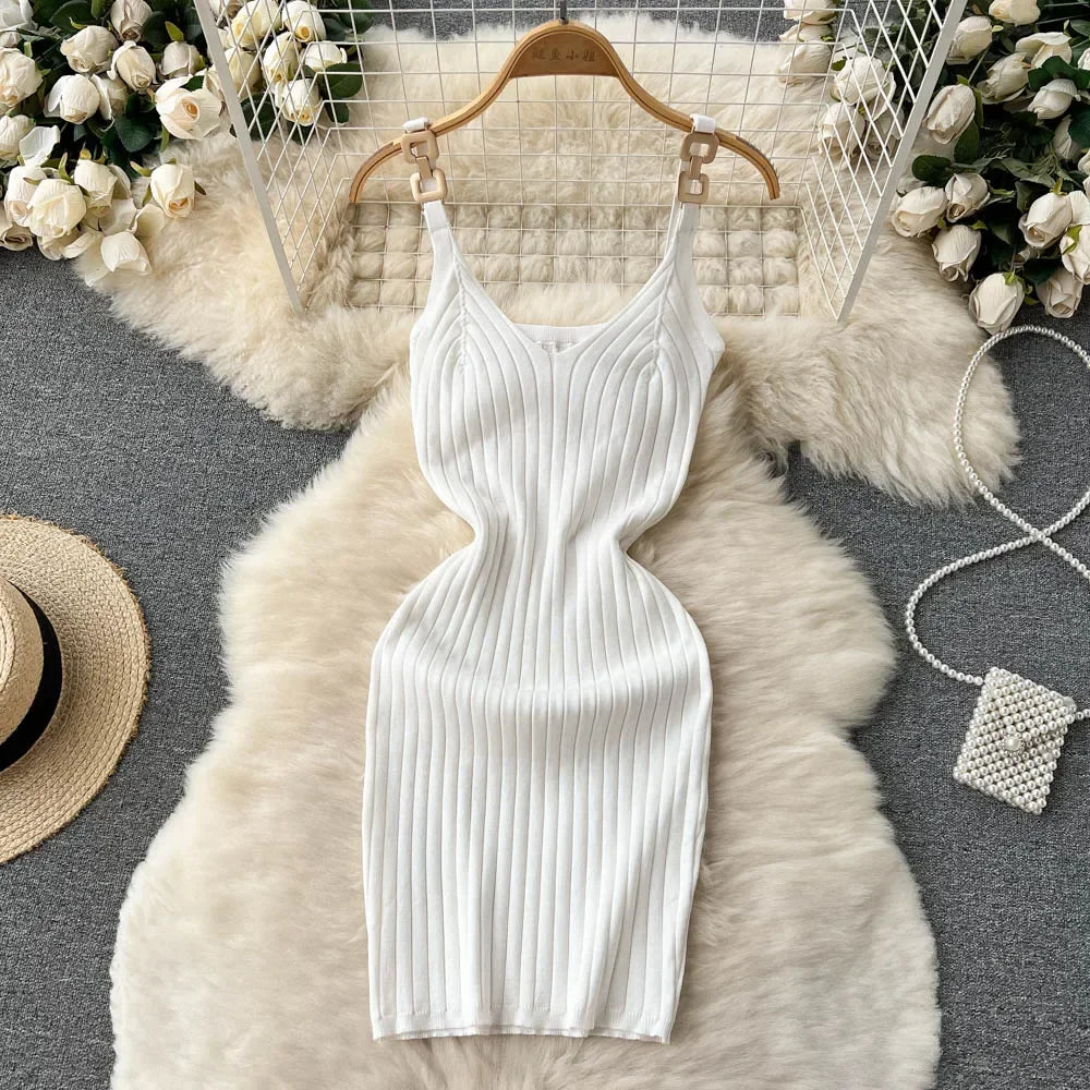 Knitted Summer Women Solid Dress 2024 Slim V Neck Elegant Sexy Vacation Fashion Ladies A Line Midi Dresses