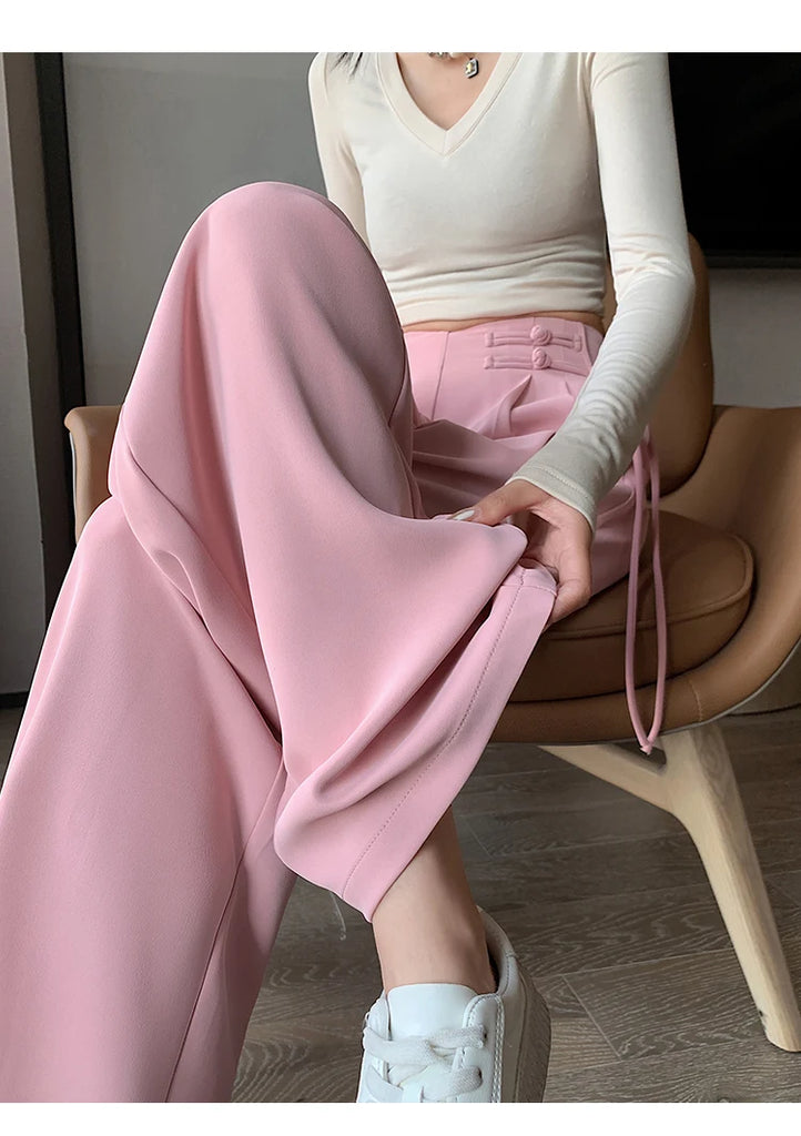 High Waist Buttons Suit Wide Leg Women's Full Pants 2024 New Spring Summer Female Elegant Minimalism Straight Loose Trousers