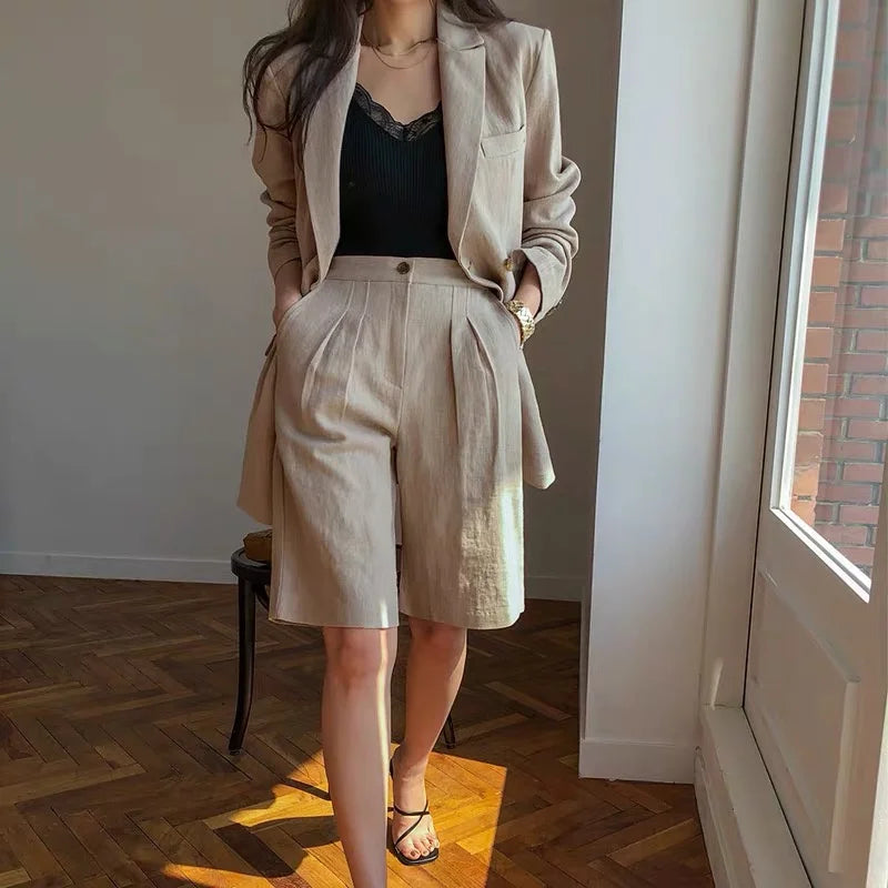 Flax Suit Women's Spring Summer 2023 New Casual Thin Cotton  Linen Small Blazers+shorts Two-piece Sets Comfortable Khaki Suits