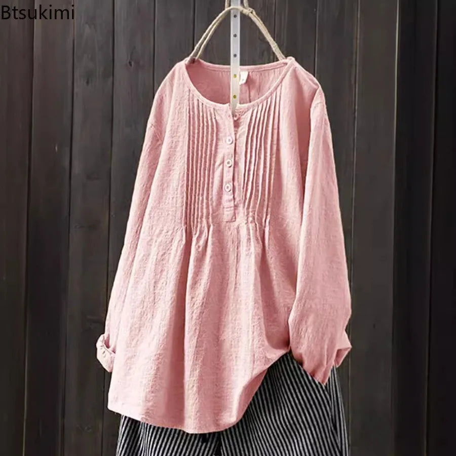 2024 Korean Style Temperament Blouse for Women Fashion O-neck Pleated Long-sleeved Casual Shirts Females Loose Cotton Linen Tops