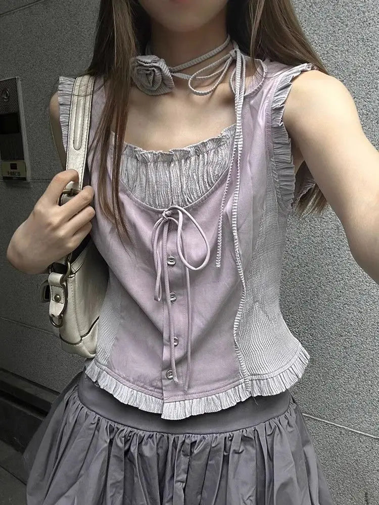 HOUZHOU Vintage Elegant Sweet Tanks Women French Style Harajuku Bandage Ruffle Patchwork Sleeveless Slim Tees Tops Summer 2024