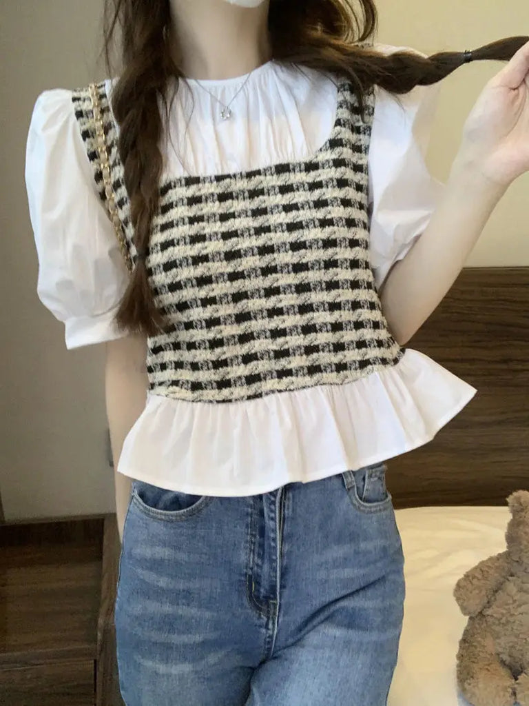 Sweet Spliced Ruffles Striped Puff Sleeve Fake Two Piece Blouse Women's Clothing 2023 Summer New Casual Pullovers Plaid Shirt