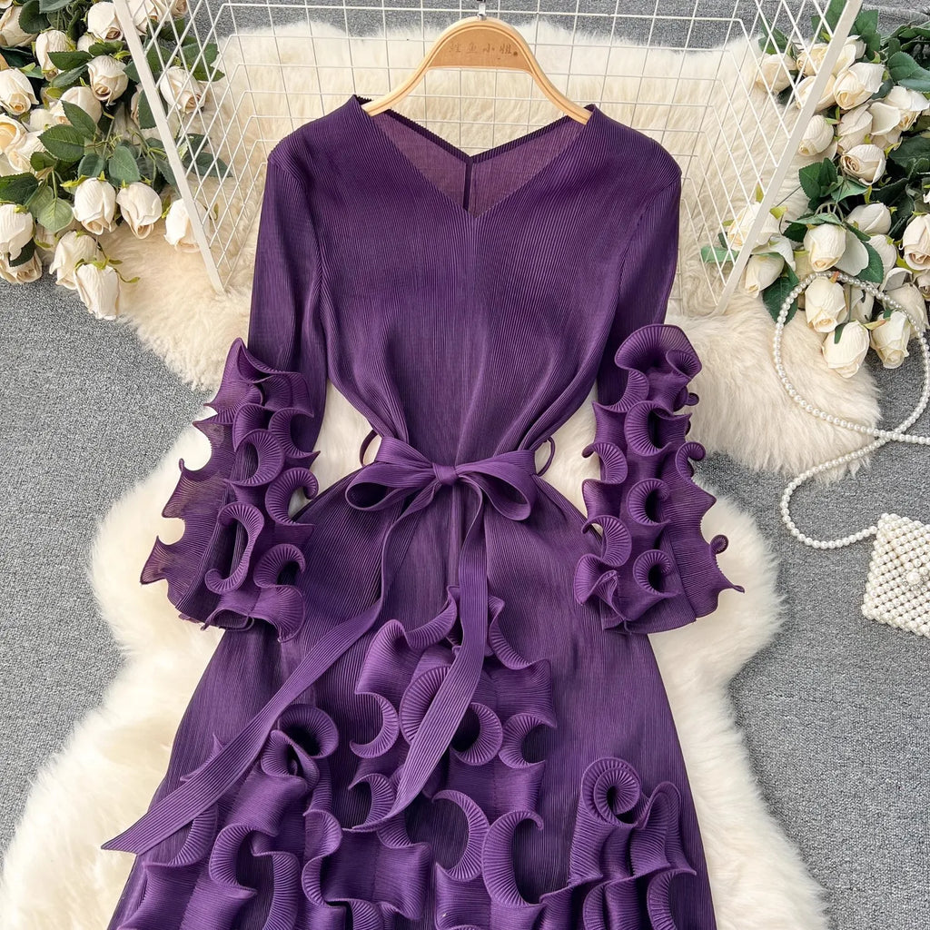 Summer Holiday 3D Ruffled Edge Draped Pleated Dress Women's V Neck Solid Color Oversized High Sretch Lace Up Party Vestidos