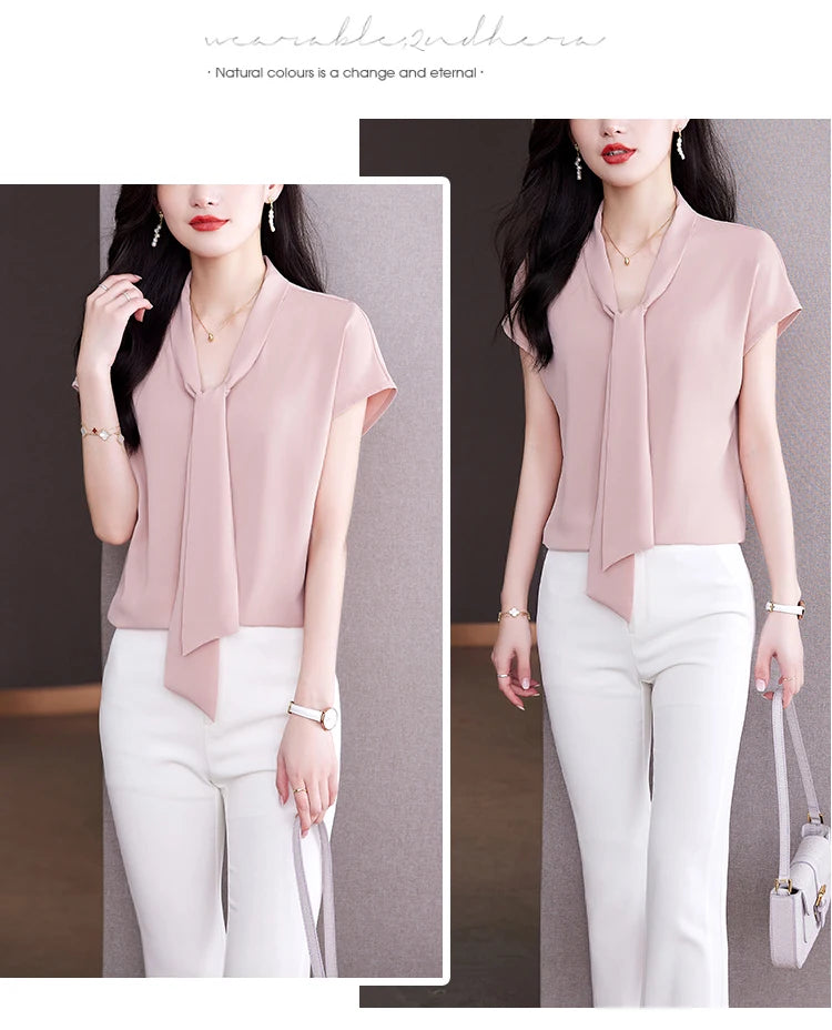 Bow Tie Blouse Shirt for Women OL Elegant Blouses Satin Womens Tops Silk Female Clothing 2023 Korean Fashion Short Sleeve Blouse