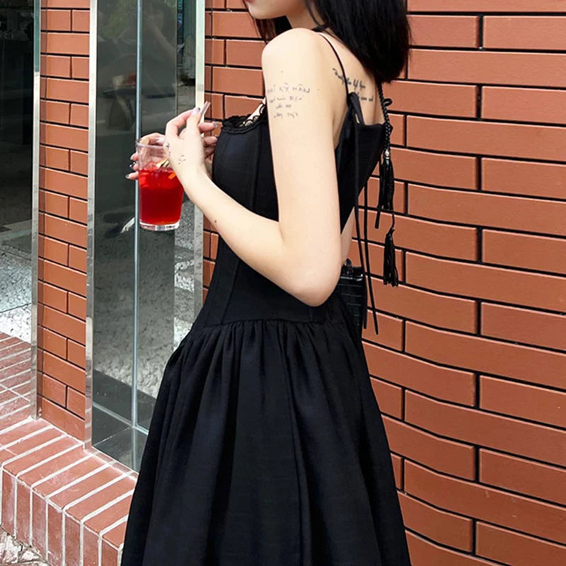 Black Lace Pleated Dress Trim A-Line Spaghetti Strap Backless Vintage Punk Long Dress Women Night Prom Korean Gothic Sundress