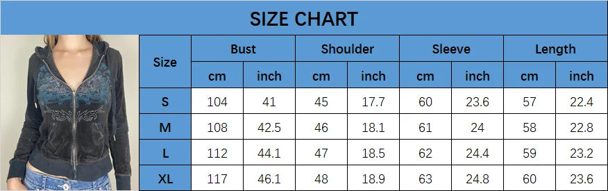 2024 New Vintage Y2K Slim Sweatshirts Embroidery Graphic Pattern Zip Up Hoodies 2000s Retro Grunge Mall Goth Jacket Autumn Coats