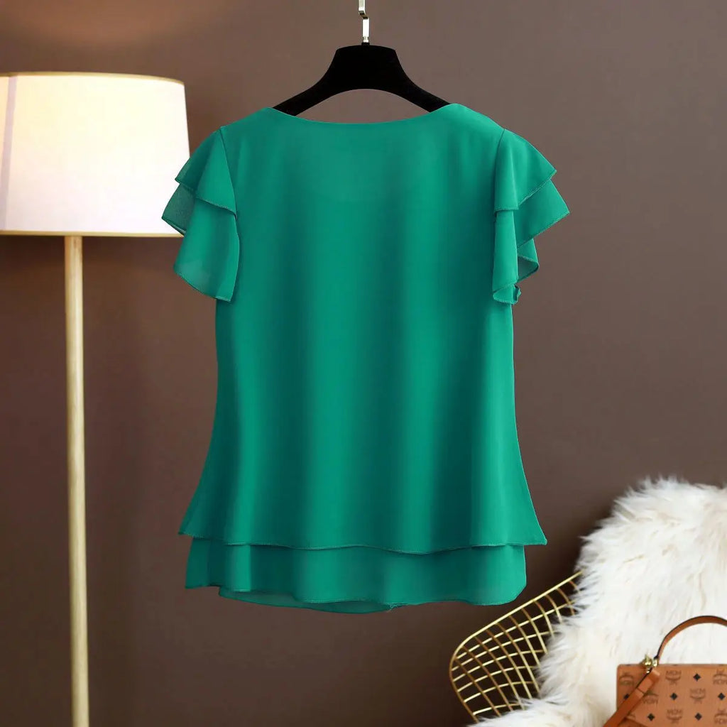 M-6XL Fashion Brand Summer Oversized Loose and Thin Casual Blouse Top Short Sleeve Chiffon Top White Blouse Green Women’s Tops