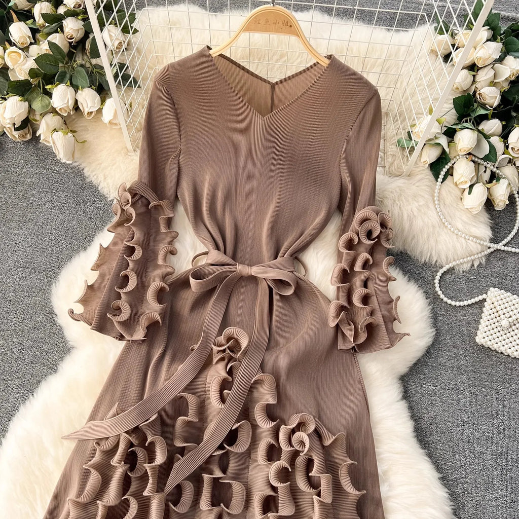 Summer Holiday 3D Ruffled Edge Draped Pleated Dress Women's V Neck Solid Color Oversized High Sretch Lace Up Party Vestidos