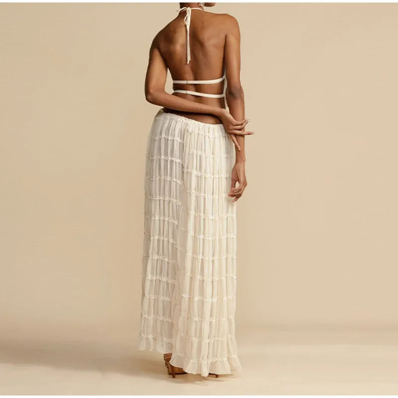 Fashion Solid Hang Neck Long Skirt Suit Women Backless Sling Top Lace Up Fold Maxi Skirts 2024 Spring Summer Female 2 Piece Set