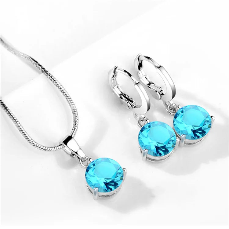 925 Silver Needle Trendy Crystal Pendant Necklace Earrings Jewelry Set For Women Girls Wedding Engagement Fashion Jewelry