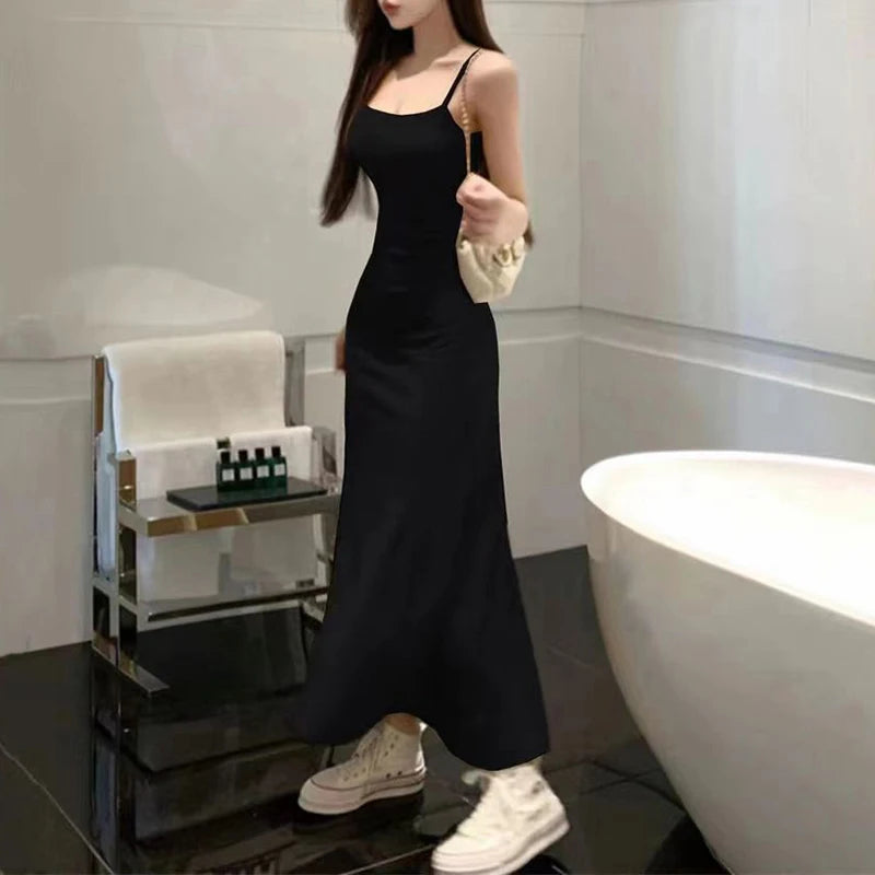 Spaghetti Strap Dresses Women Retro Sexy Slim Simple Daily Streetwear Ulzzang Midi Trendy Pure Vestidos Summer Ladies Sleeveless