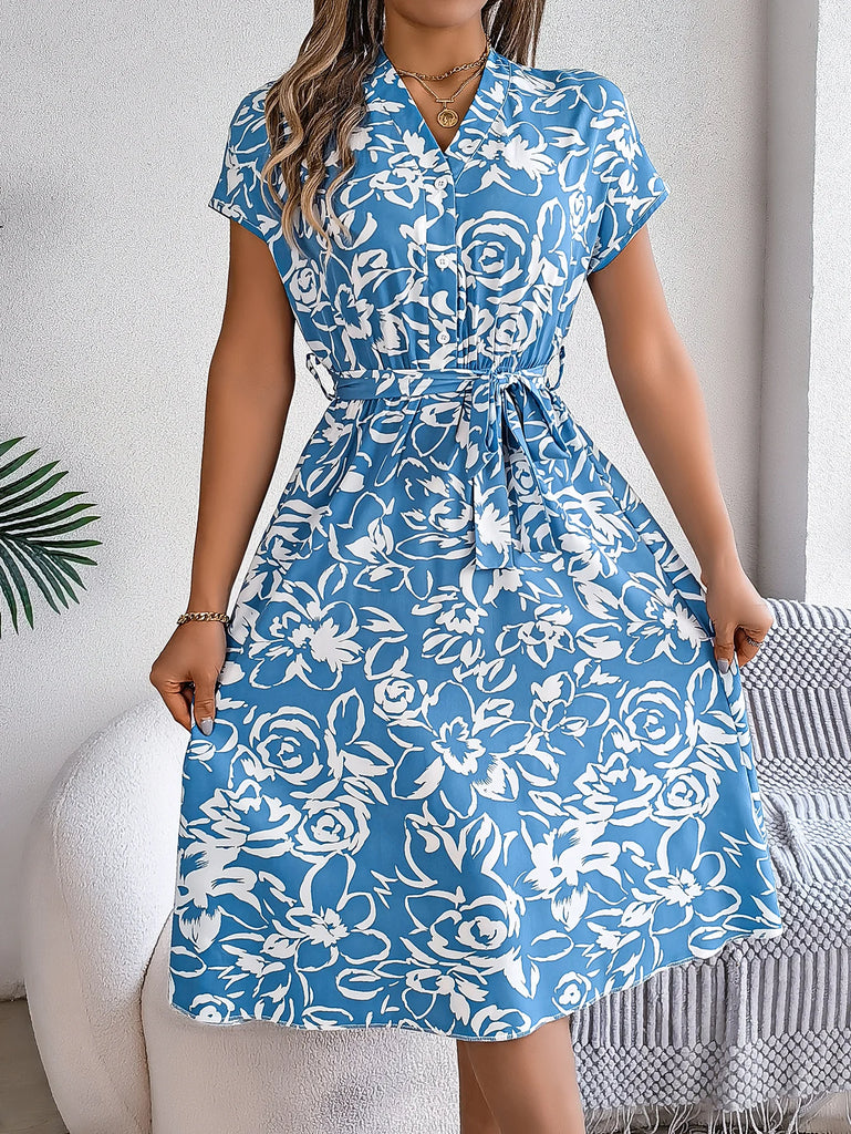 Spring Summer Casual Dresses for Women Button V-Neck Flower Printed Short Sleeve A-line Dress