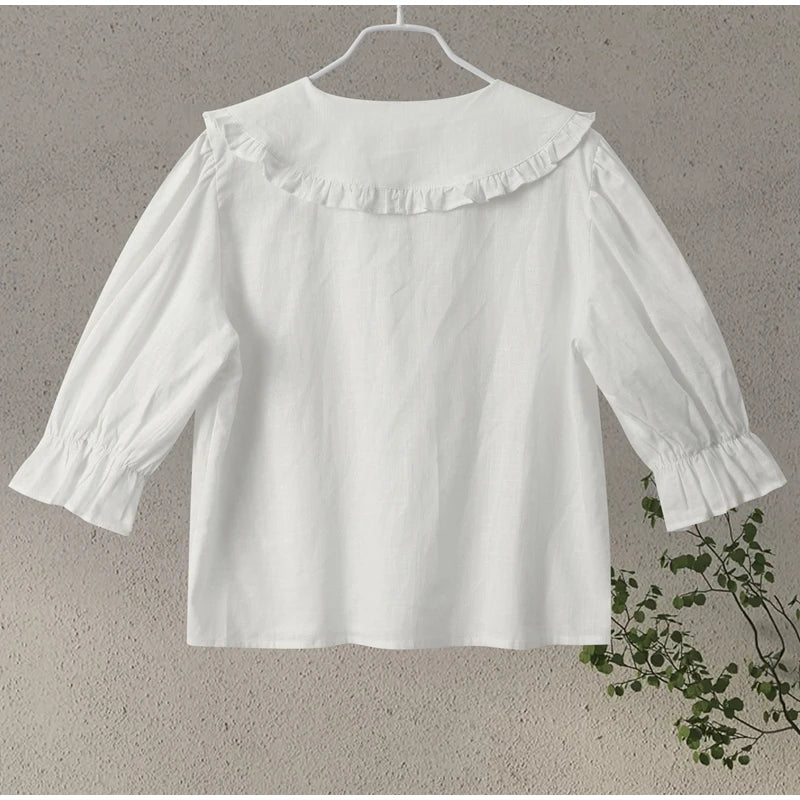 Casual Ruffle Doll Collar Shirts Shorts Set Women Puff Short Sleeve Single Breasted Blouses Suit 2024 Summer Loose Lady Suits